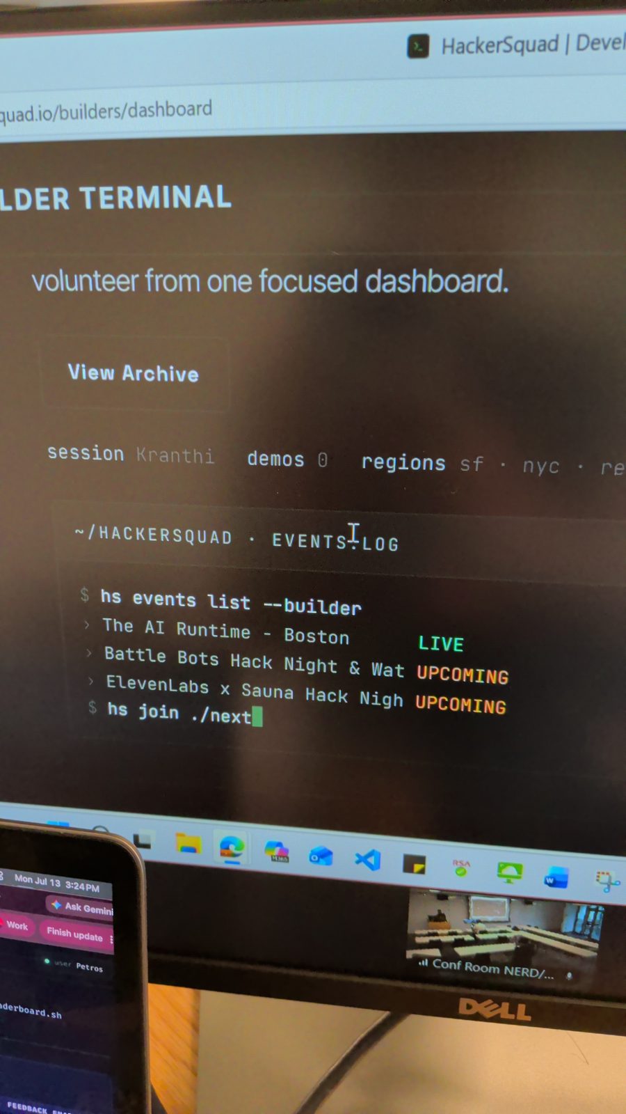 The HackerSquad builder terminal showing The AI Runtime Boston live